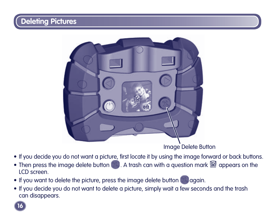 Deleting pictures | Fisher-Price Digital Camera User Manual | Page 16 / 24