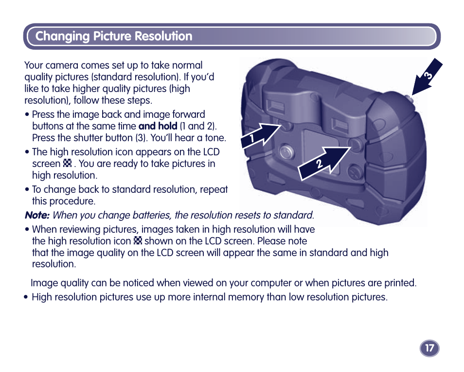 Changing picture resolution | Fisher-Price Digital Camera User Manual | Page 17 / 24