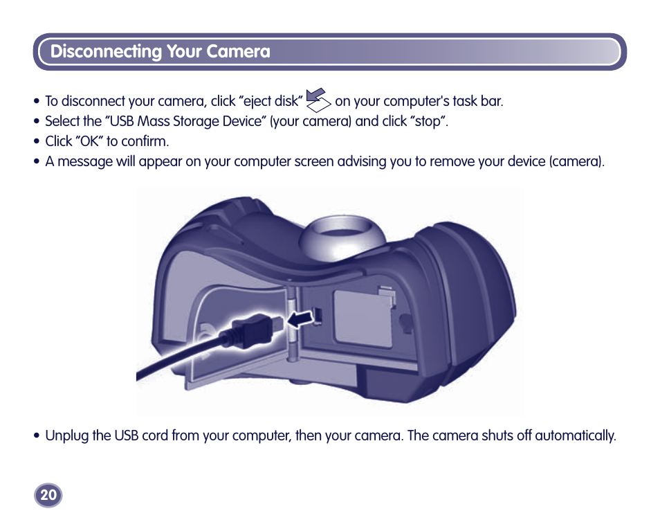 Disconnecting your camera | Fisher-Price Digital Camera User Manual | Page 20 / 24