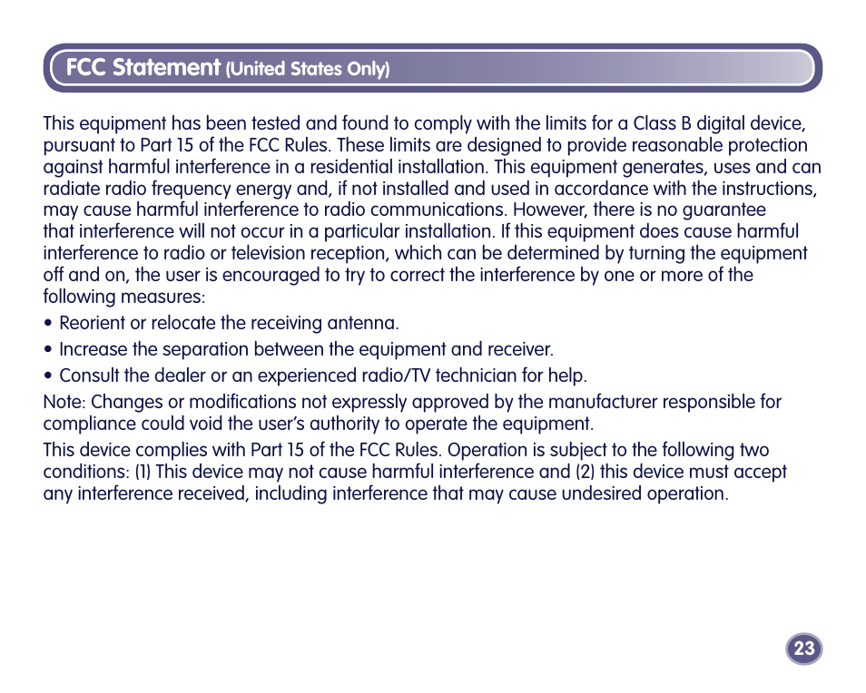 Fcc statement | Fisher-Price Digital Camera User Manual | Page 23 / 24