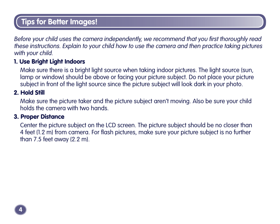 Tips for better images | Fisher-Price Digital Camera User Manual | Page 4 / 24