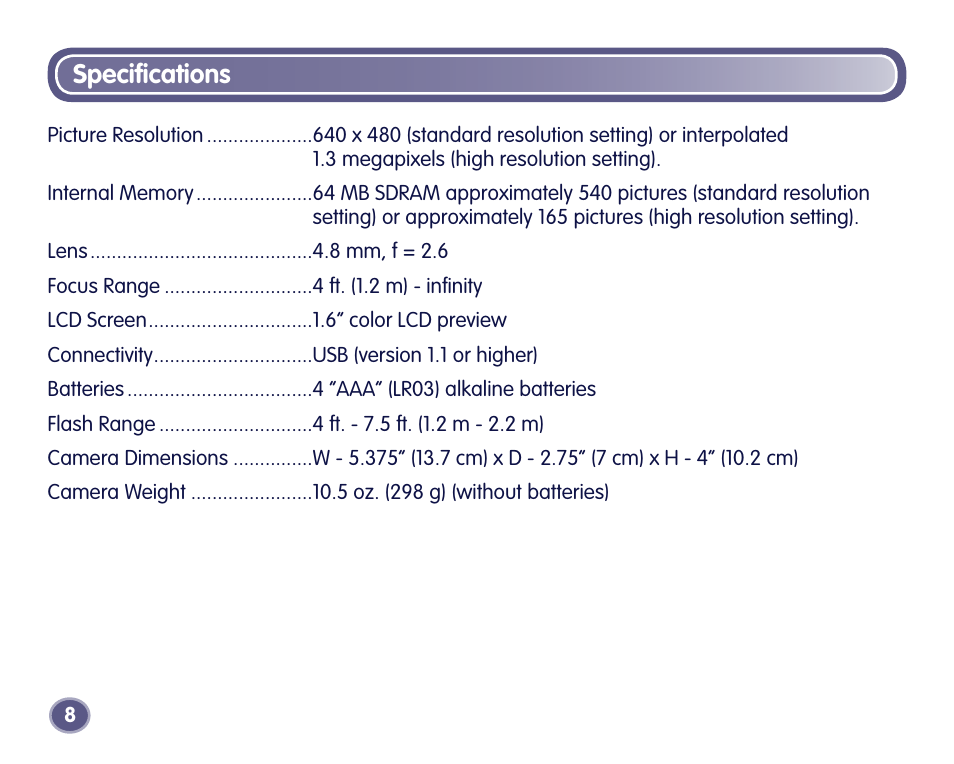 Speciﬁ cations | Fisher-Price Digital Camera User Manual | Page 8 / 24