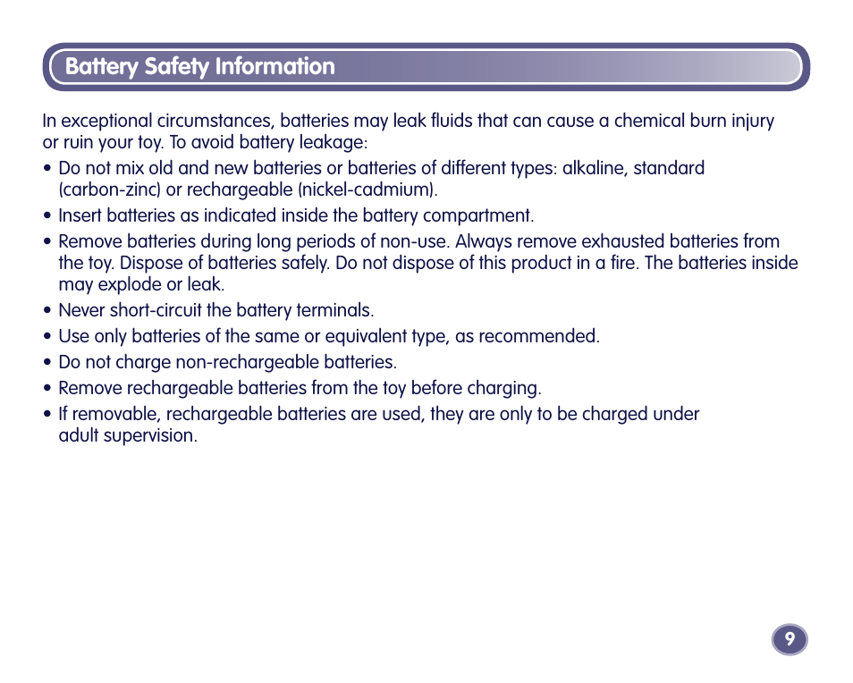 Battery safety information | Fisher-Price Digital Camera User Manual | Page 9 / 24