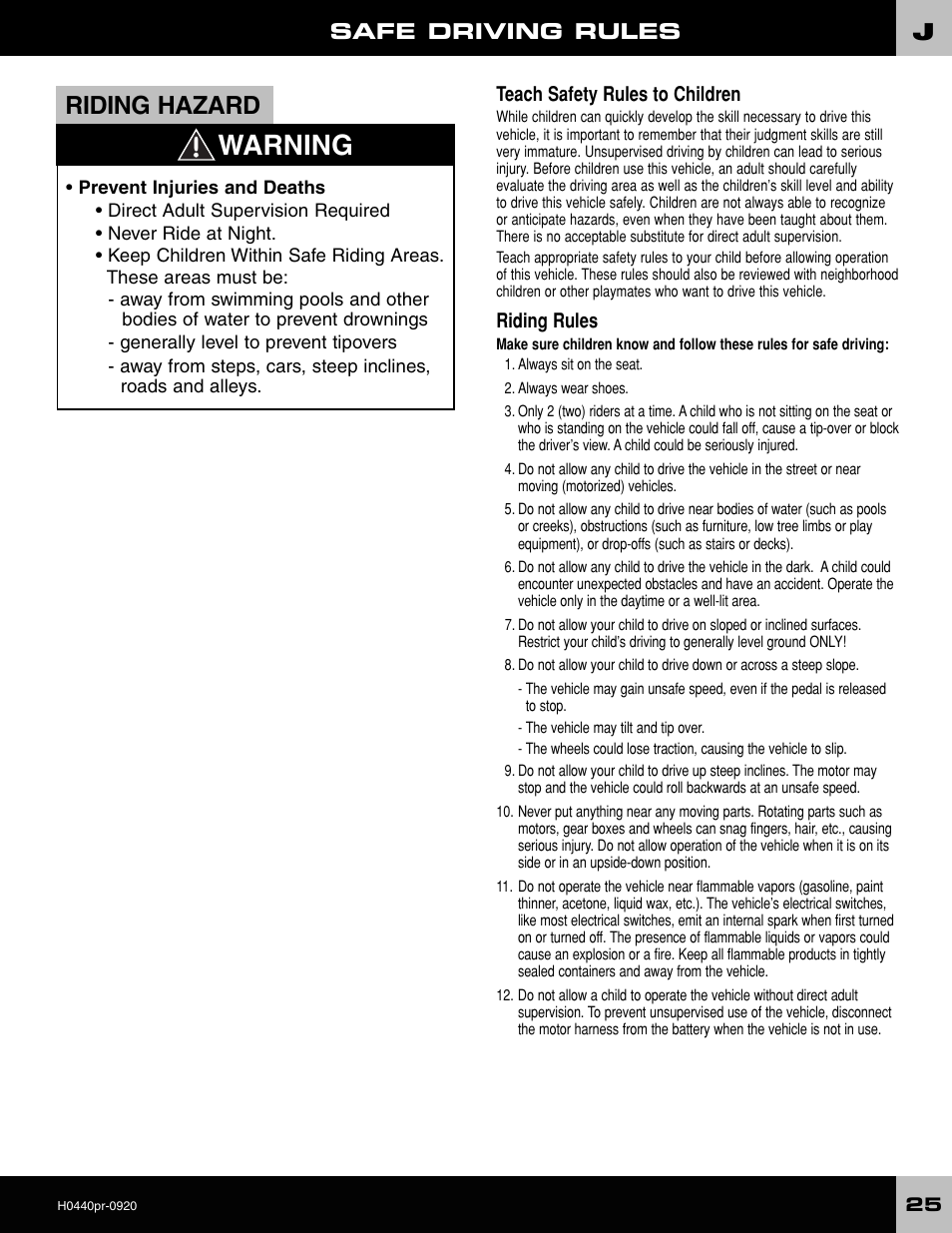 Warning, Riding hazard, Safe driving rules | Fisher-Price POWER WHEELS H0440 User Manual | Page 25 / 36