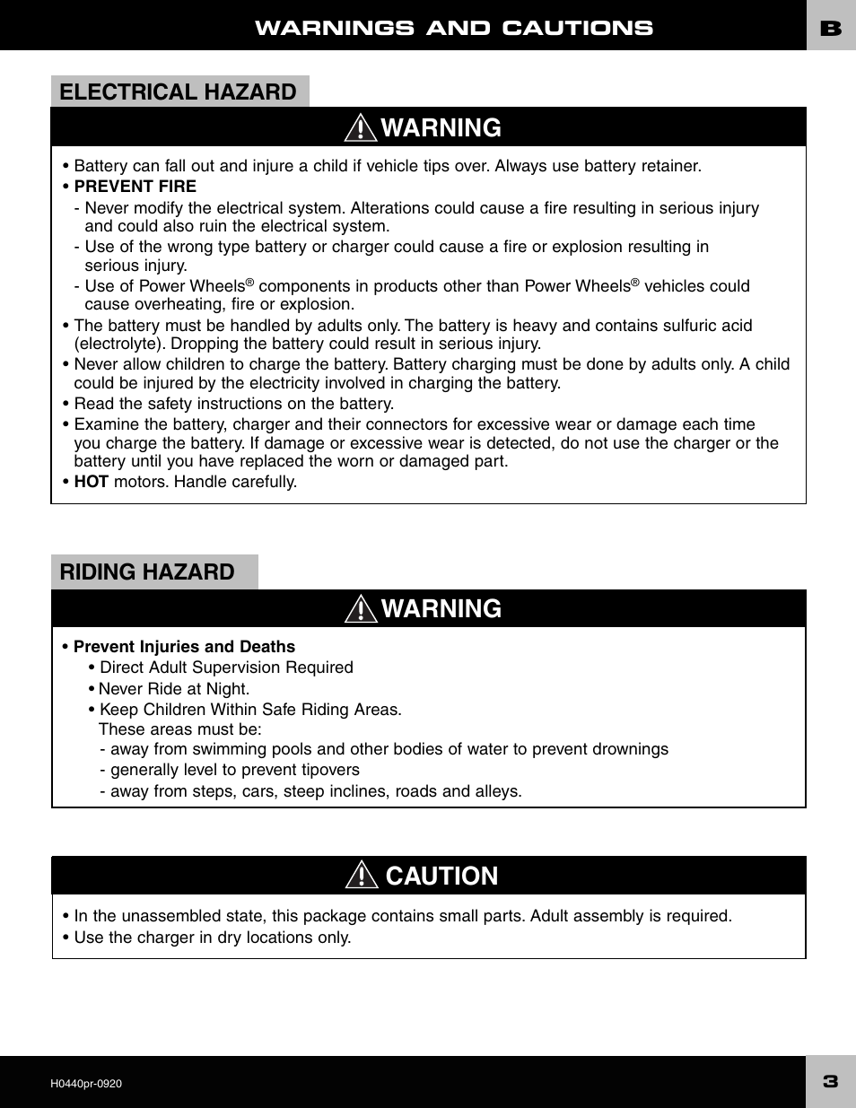 Warning caution, Warning, Electrical hazard | Riding hazard | Fisher-Price POWER WHEELS H0440 User Manual | Page 3 / 36