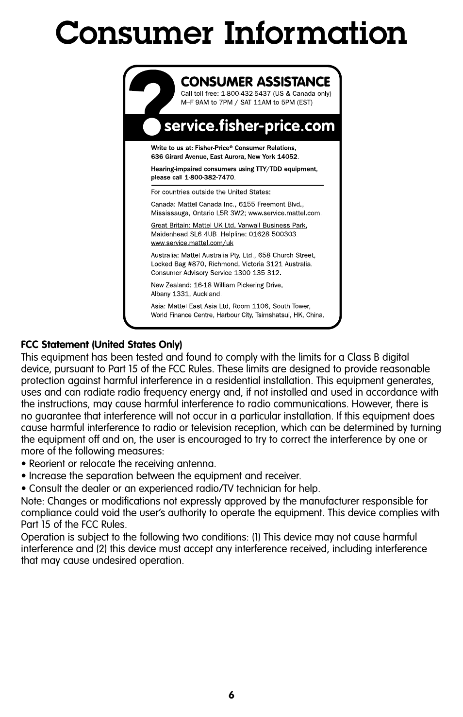 Consumer information | Fisher-Price GEOTRAX R9107 User Manual | Page 6 / 6