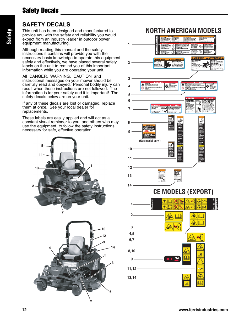 North american models ce models (export), Safety, Safety decals | Ferris Industries 5901180 User Manual | Page 14 / 57