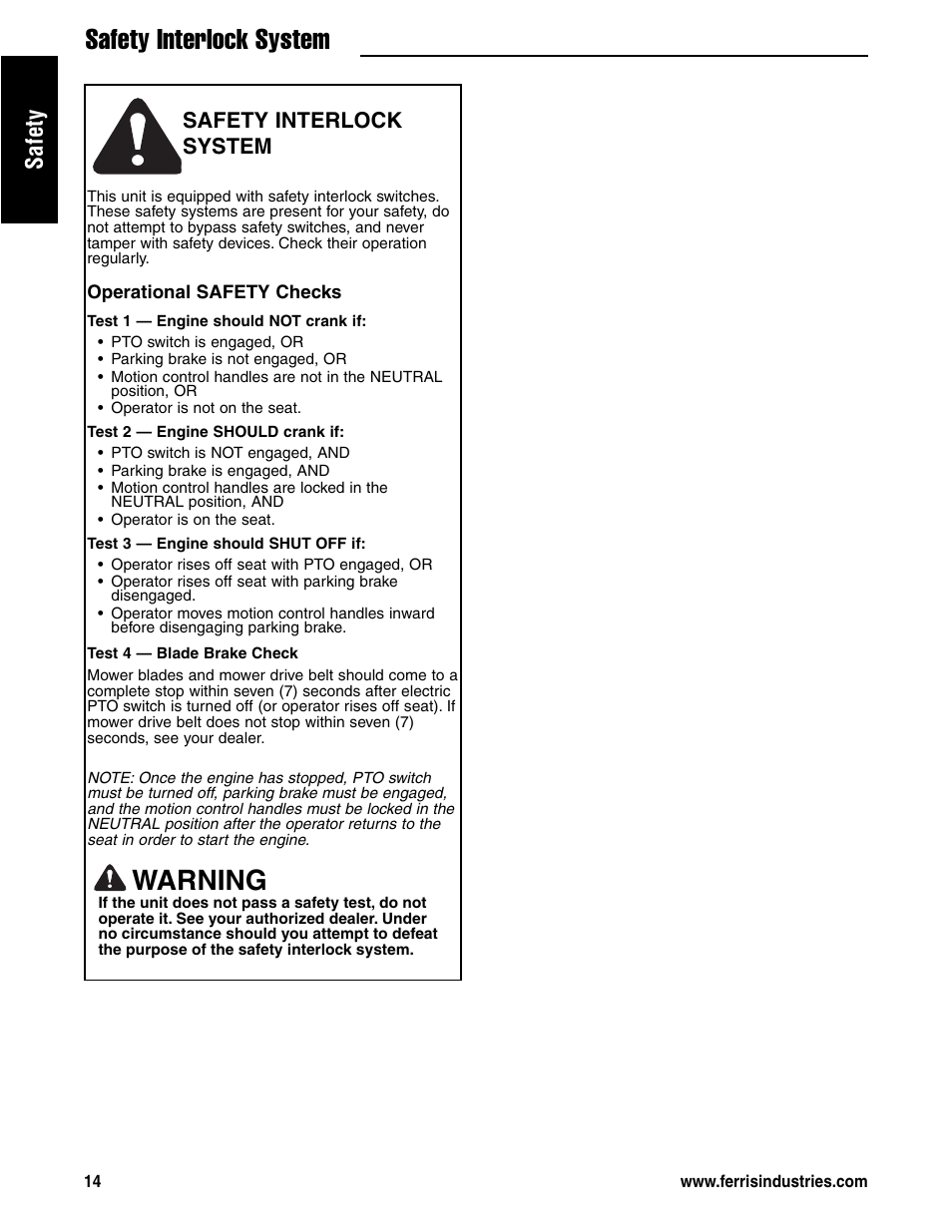 Warning, Safety, Safety interlock system | Ferris Industries 5901180 User Manual | Page 16 / 57
