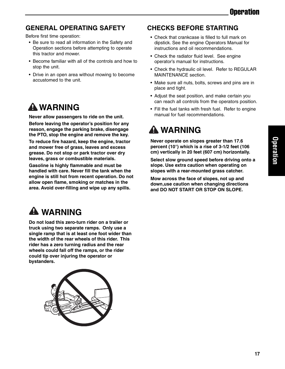 Warning, Warning operation, Operation | General operating safety, Checks before starting | Ferris Industries 5901180 User Manual | Page 19 / 57