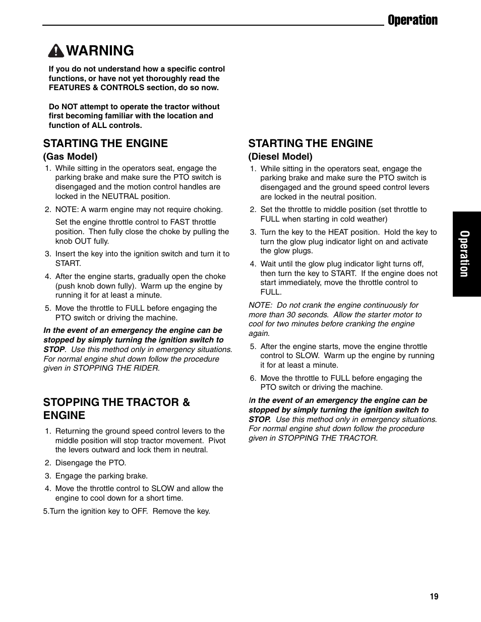 Warning, Operation, Starting the engine | Stopping the tractor & engine | Ferris Industries 5901180 User Manual | Page 21 / 57