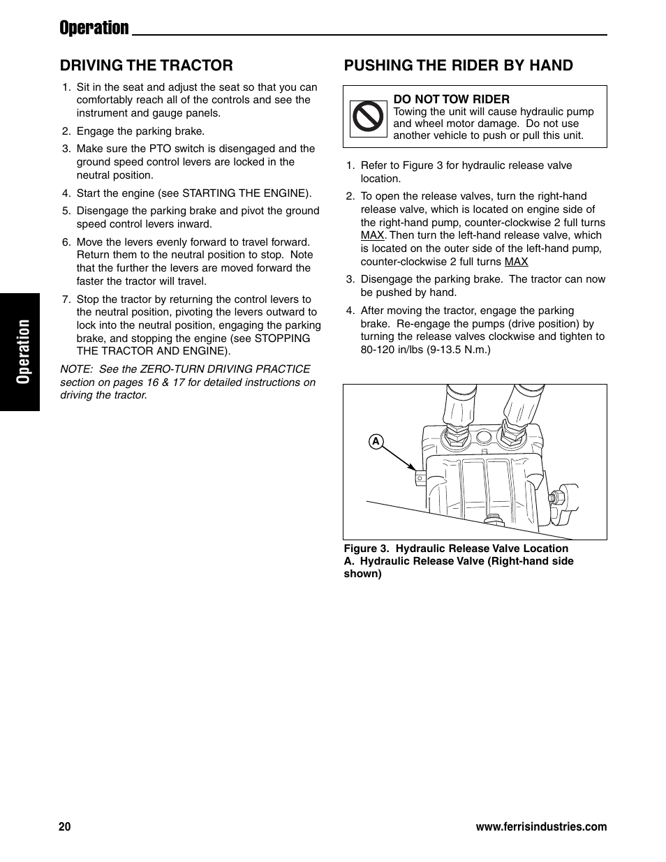 Operation, Driving the tractor, Pushing the rider by hand | Ferris Industries 5901180 User Manual | Page 22 / 57