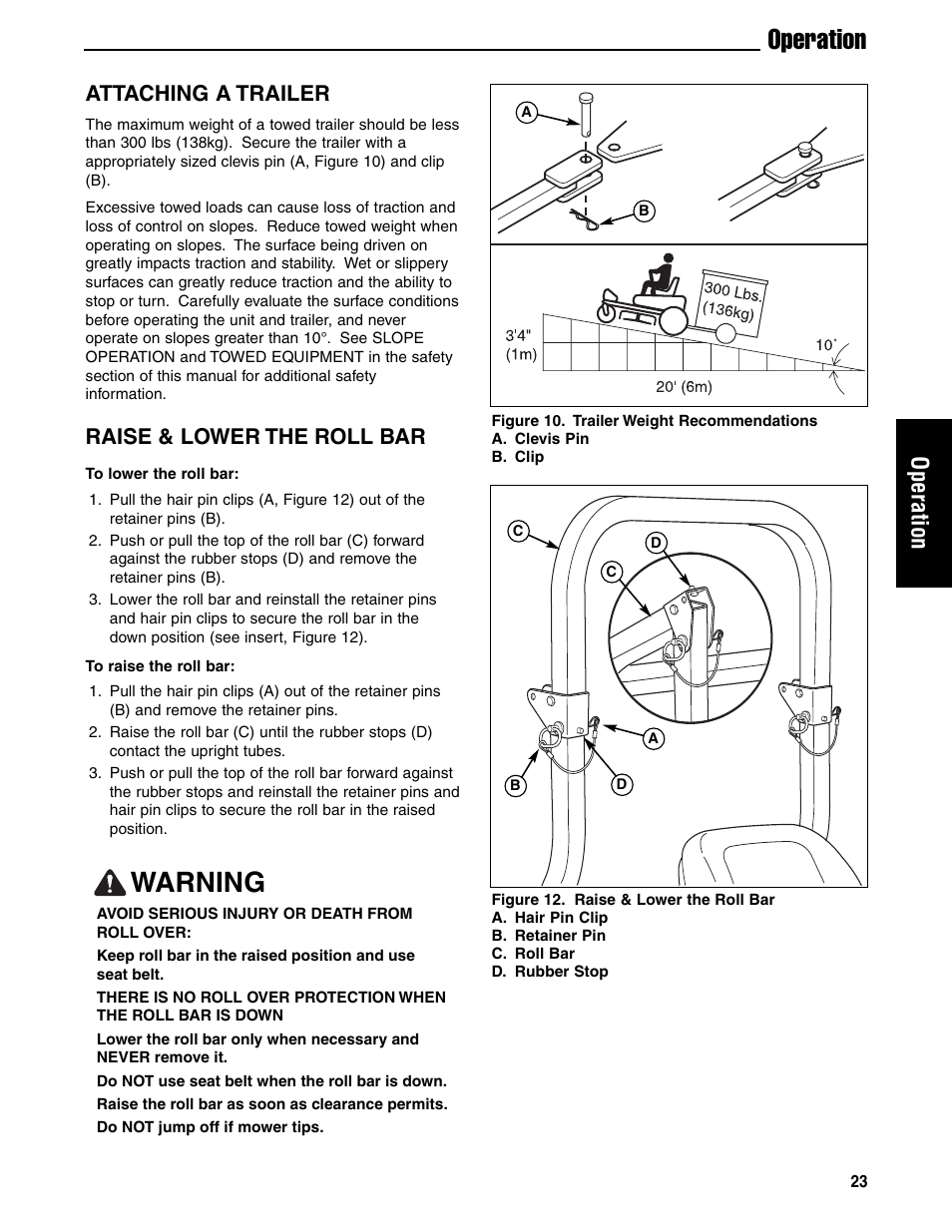 Warning, Operation, Attaching a trailer | Raise & lower the roll bar | Ferris Industries 5901180 User Manual | Page 25 / 57