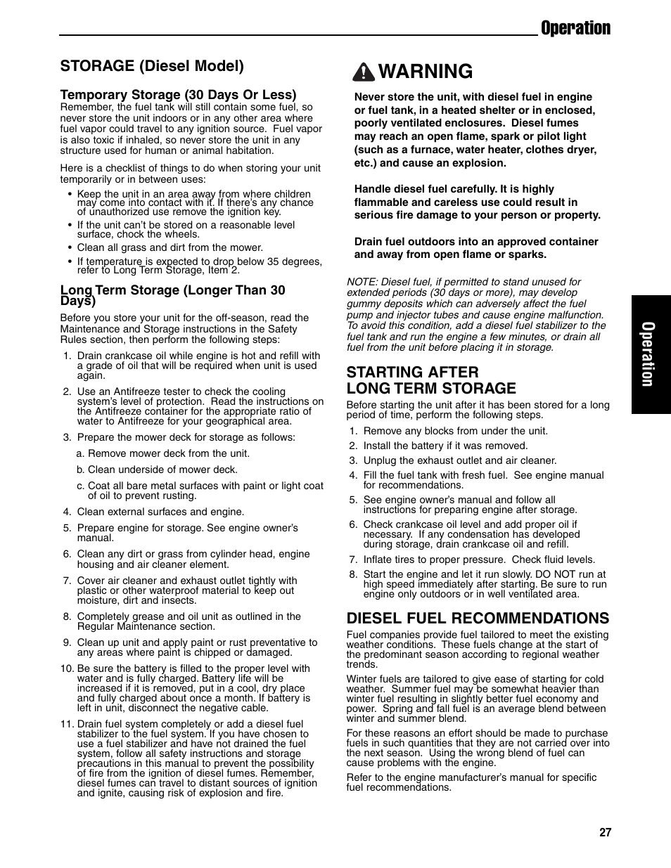 Warning, Operation, Starting after long term storage | Diesel fuel recommendations, Storage (diesel model) | Ferris Industries 5901180 User Manual | Page 29 / 57