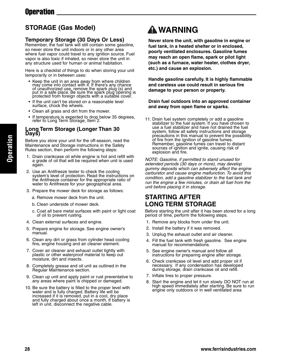 Warning, Operation, Starting after long term storage | Storage (gas model) | Ferris Industries 5901180 User Manual | Page 30 / 57