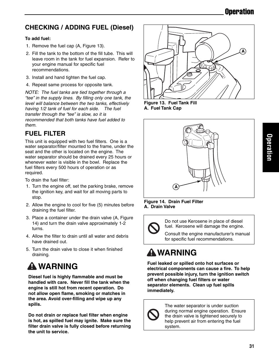 Warning, Operation, Checking / adding fuel (diesel) | Fuel filter | Ferris Industries 5901180 User Manual | Page 33 / 57