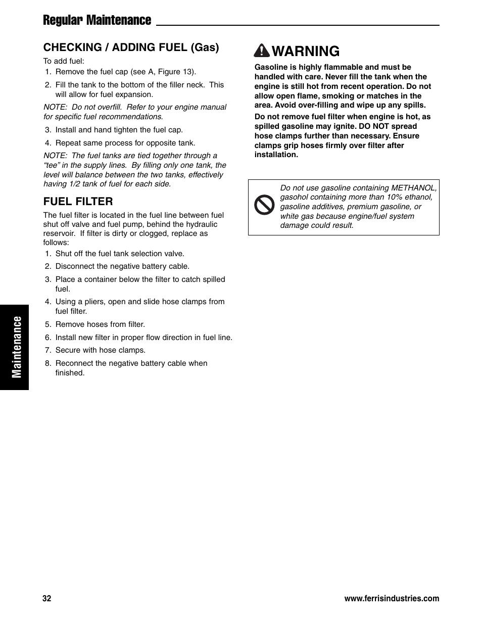 Regular maintenance, Warning, Maintenance | Checking / adding fuel (gas), Fuel filter | Ferris Industries 5901180 User Manual | Page 34 / 57