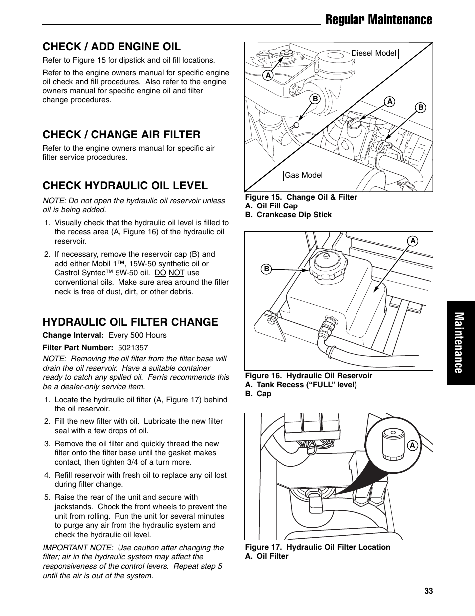 Regular maintenance, Maintenance, Check / add engine oil | Check / change air filter, Check hydraulic oil level, Hydraulic oil filter change | Ferris Industries 5901180 User Manual | Page 35 / 57