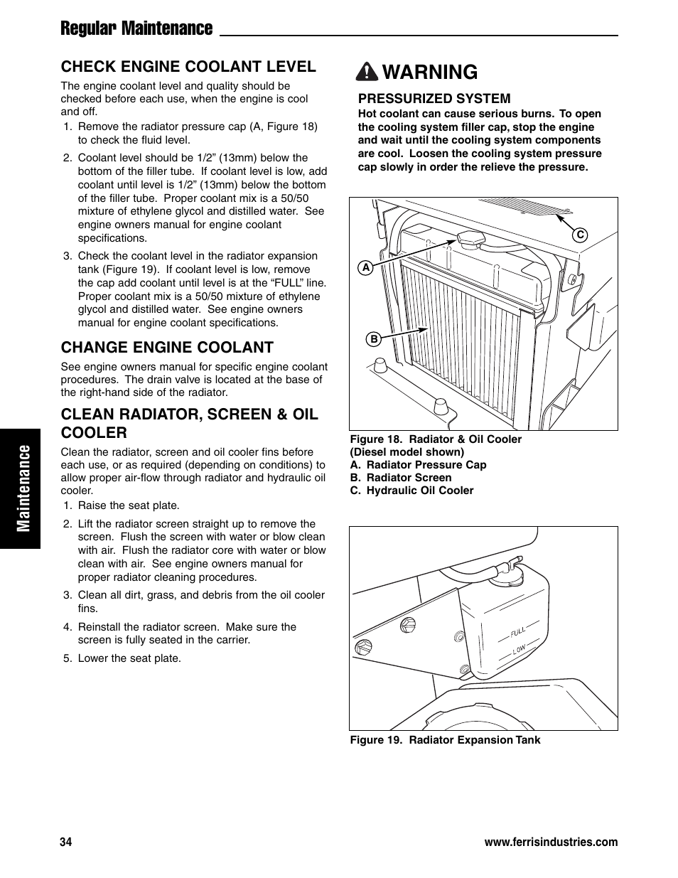 Regular maintenance, Warning, Maintenance | Check engine coolant level, Change engine coolant, Clean radiator, screen & oil cooler | Ferris Industries 5901180 User Manual | Page 36 / 57