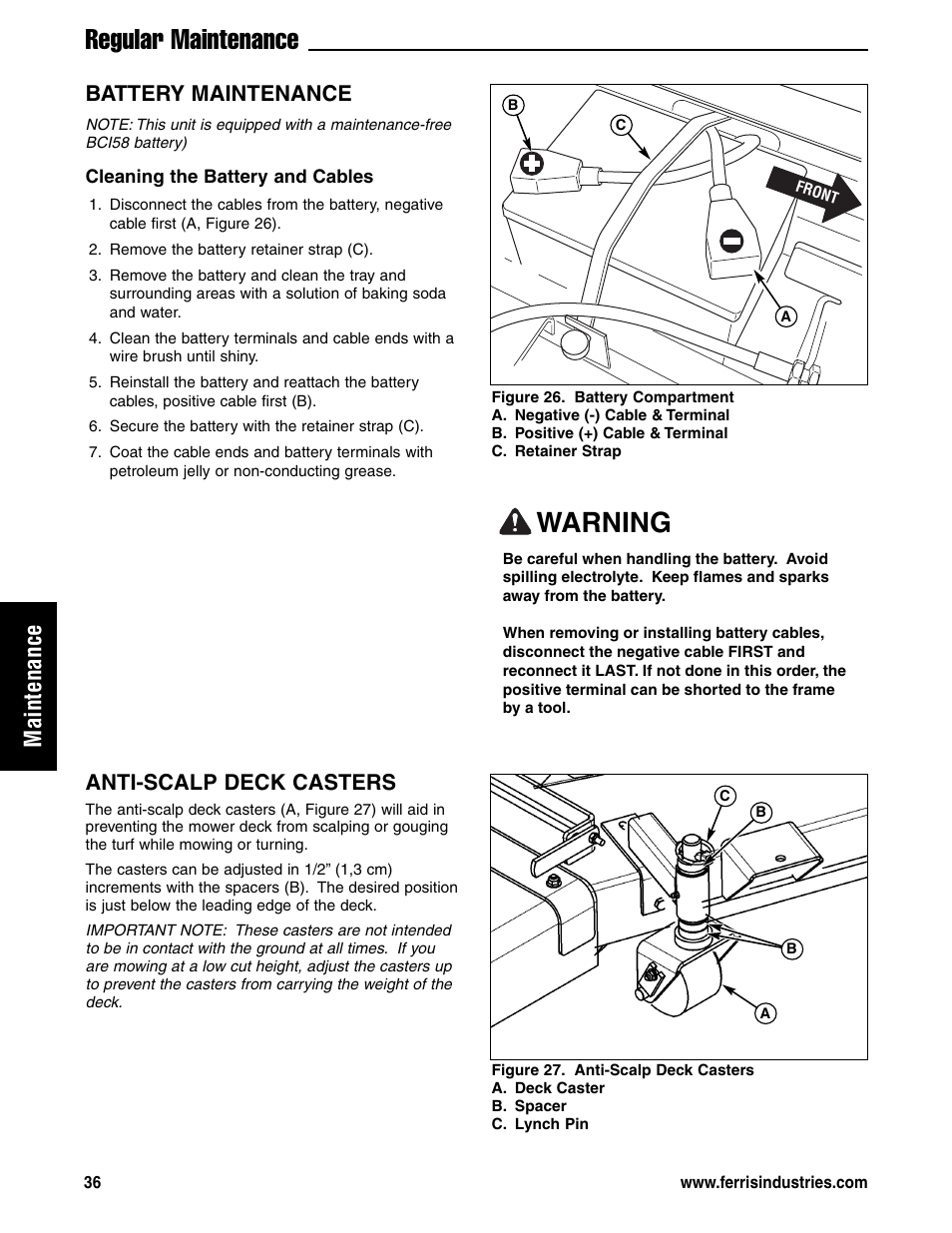 Regular maintenance, Warning, Maintenance | Battery maintenance, Anti-scalp deck casters | Ferris Industries 5901180 User Manual | Page 38 / 57