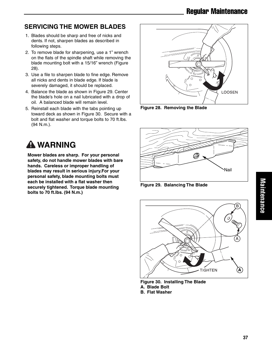 Regular maintenance, Warning, Maintenance | Servicing the mower blades | Ferris Industries 5901180 User Manual | Page 39 / 57