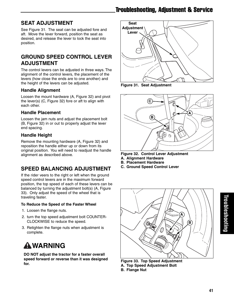 Warning, Troubleshooting, adjustment & service, Troubleshooting | Seat adjustment, Ground speed control lever adjustment, Speed balancing adjustment | Ferris Industries 5901180 User Manual | Page 43 / 57