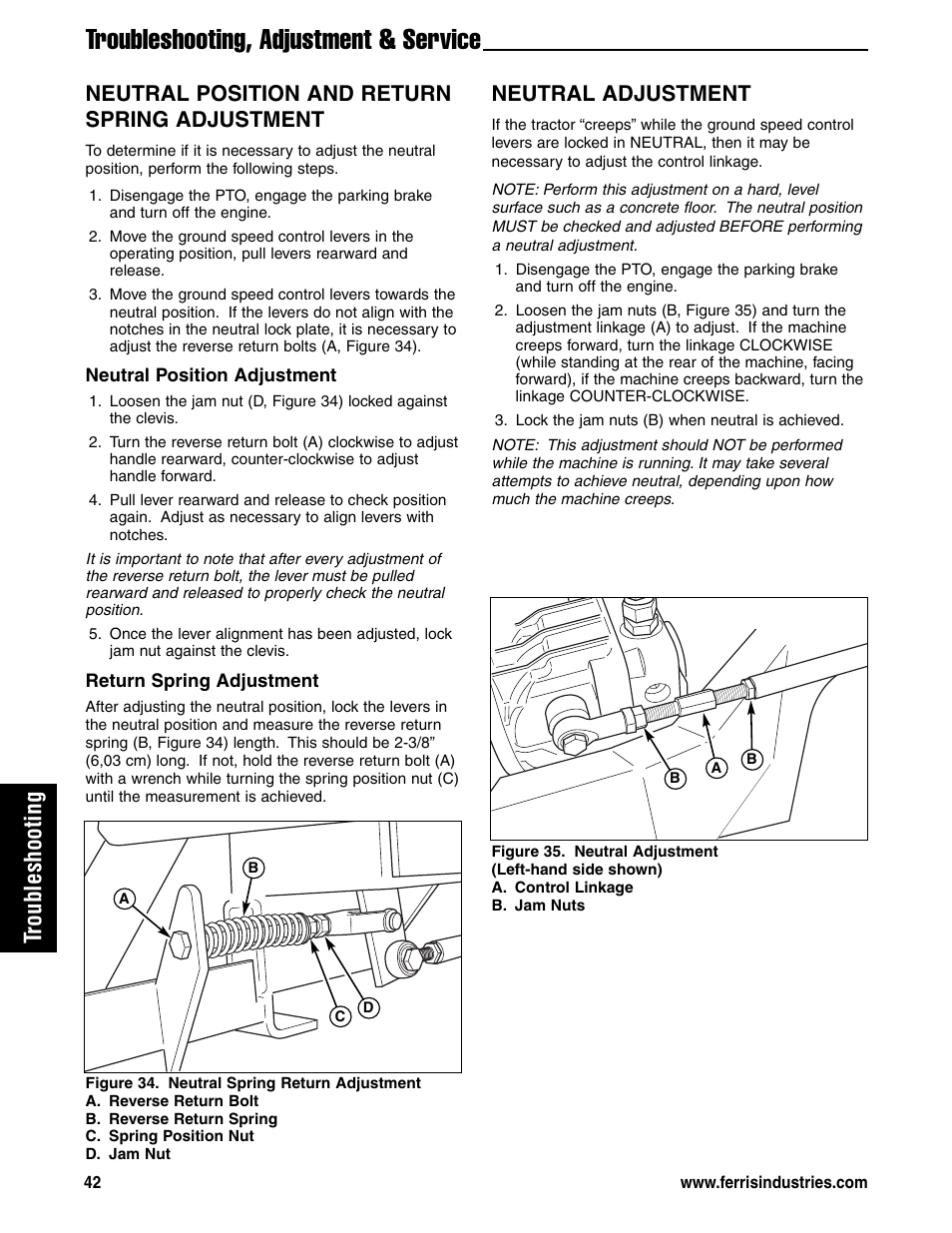 Troubleshooting, adjustment & service, Troubleshooting, Neutral position and return spring adjustment | Neutral adjustment | Ferris Industries 5901180 User Manual | Page 44 / 57
