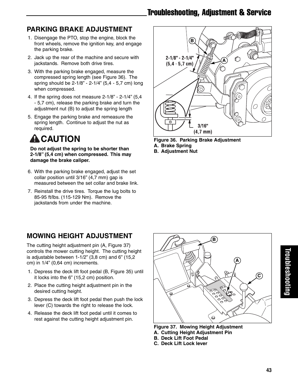 Troubleshooting, adjustment & service, Caution, Troubleshooting | Parking brake adjustment, Mowing height adjustment | Ferris Industries 5901180 User Manual | Page 45 / 57