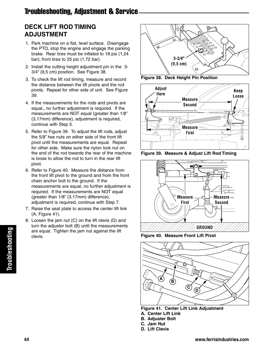Troubleshooting, adjustment & service, Troubleshooting, Deck lift rod timing adjustment | Ferris Industries 5901180 User Manual | Page 46 / 57