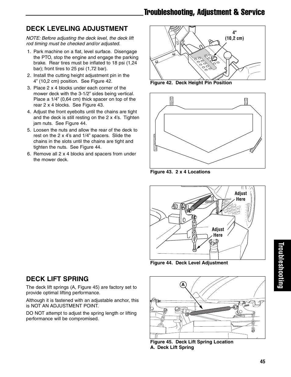 Troubleshooting, adjustment & service, Troubleshooting, Deck leveling adjustment | Deck lift spring | Ferris Industries 5901180 User Manual | Page 47 / 57