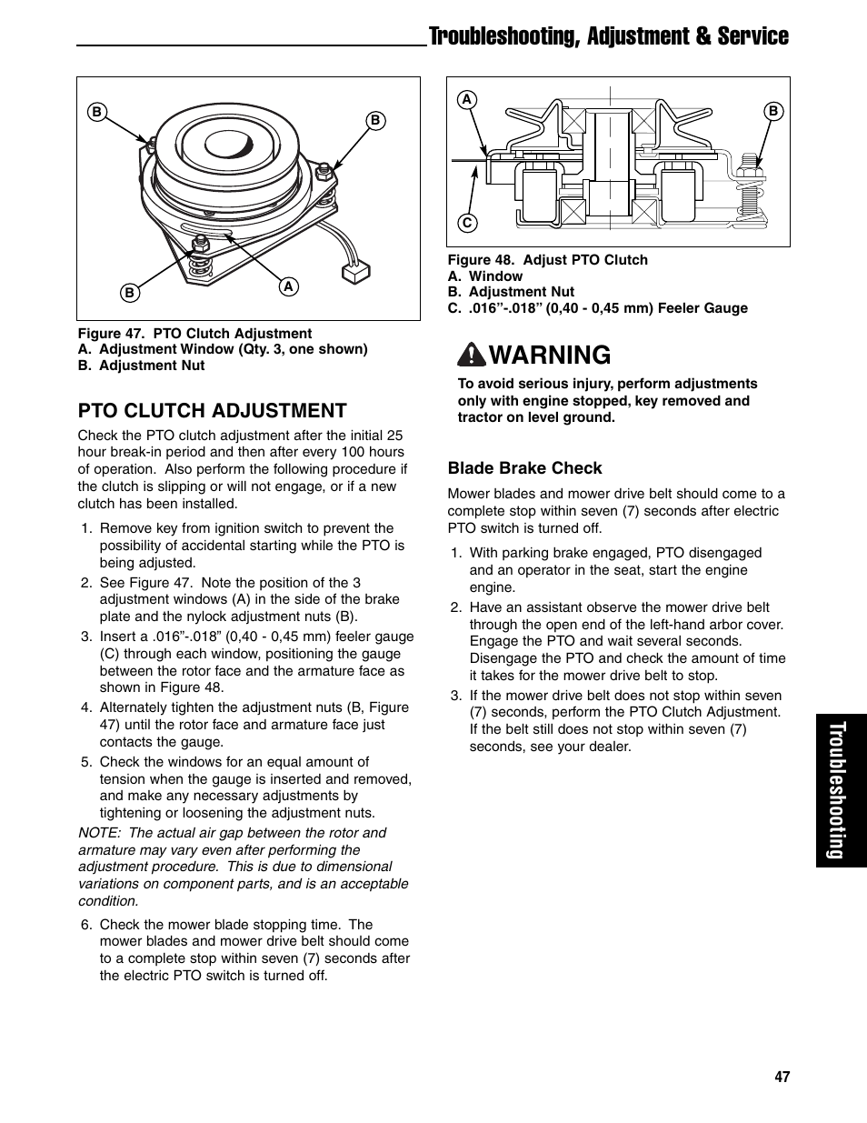 Troubleshooting, adjustment & service warning, Troubleshooting, Pto clutch adjustment | Ferris Industries 5901180 User Manual | Page 49 / 57