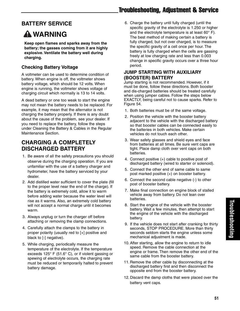 Troubleshooting, adjustment & service, Warning, Troubleshooting | Battery service, Charging a completely discharged battery | Ferris Industries 5901180 User Manual | Page 53 / 57