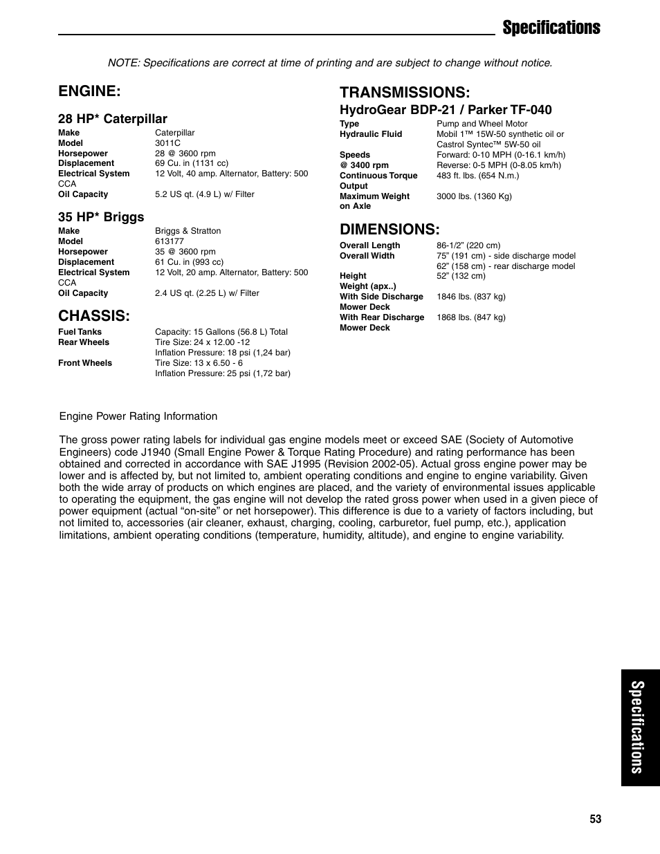 Specifications, Engine, Chassis | Transmissions, Dimensions, 28 hp* caterpillar, 35 hp* briggs | Ferris Industries 5901180 User Manual | Page 55 / 57