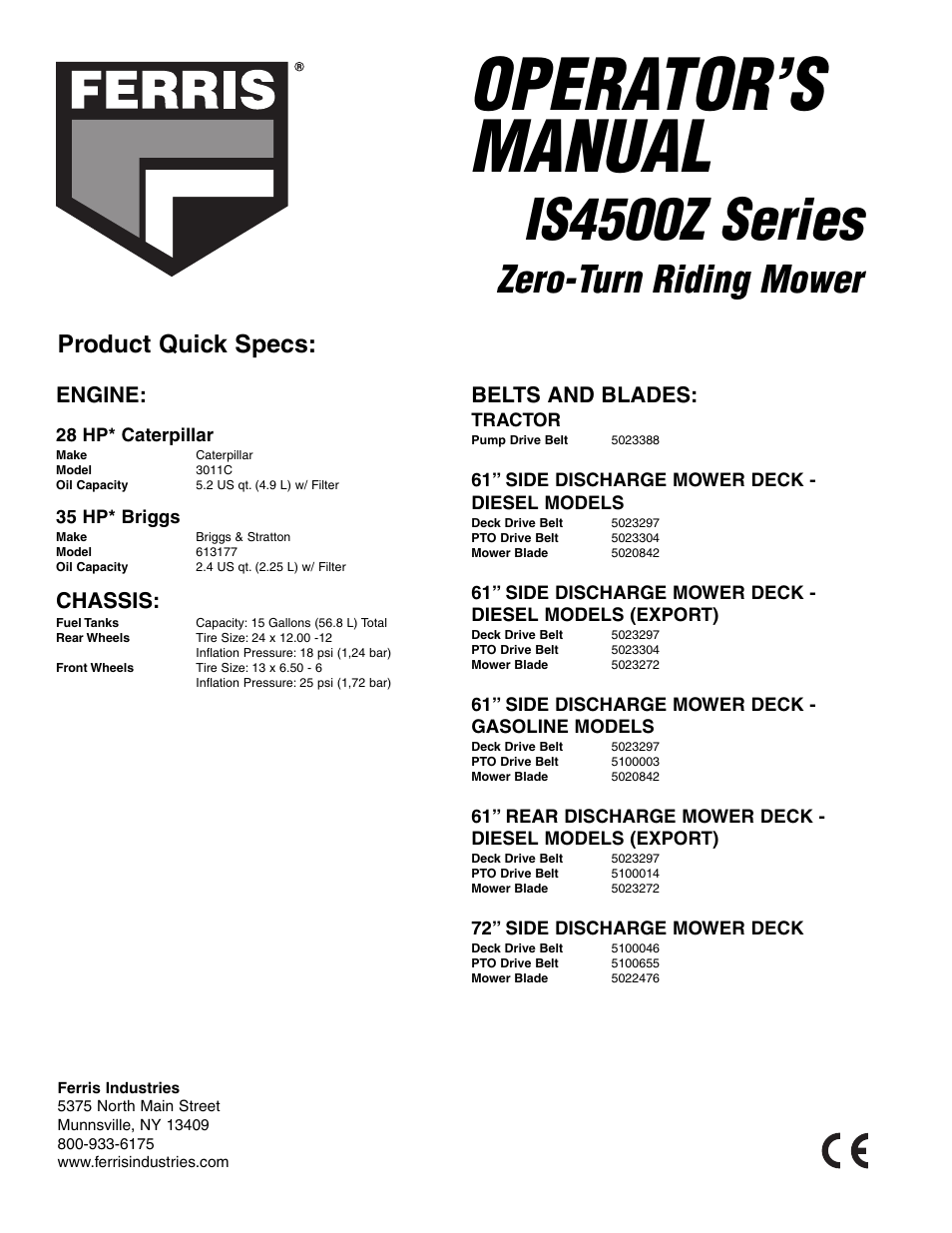 Operator’s manual, Is4500z series, Zero-turn riding mower | Product quick specs, Belts and blades, Engine, Chassis | Ferris Industries 5901180 User Manual | Page 57 / 57