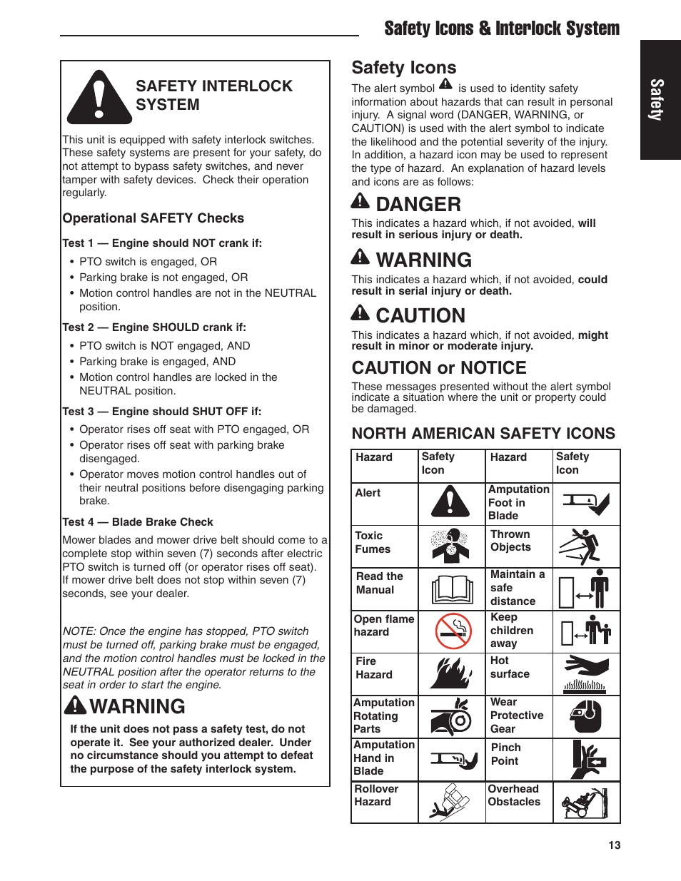 Safety icons & interlock system, Warning, Danger | Caution, Safety icons, Caution or notice, Safety, Safety interlock system, North american safety icons | Ferris Industries 5900619 User Manual | Page 15 / 52
