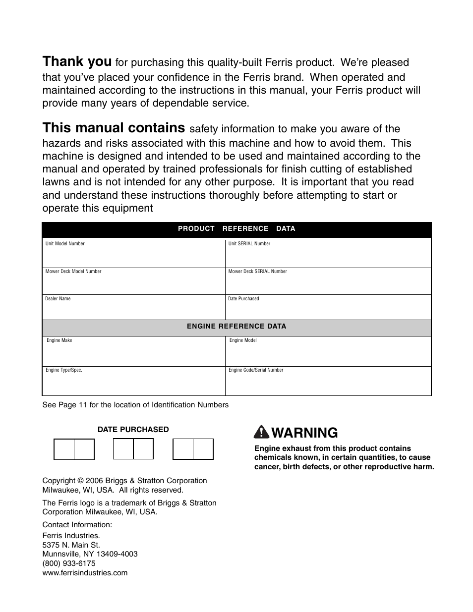 This manual contains, Warning | Ferris Industries 5900619 User Manual | Page 2 / 52