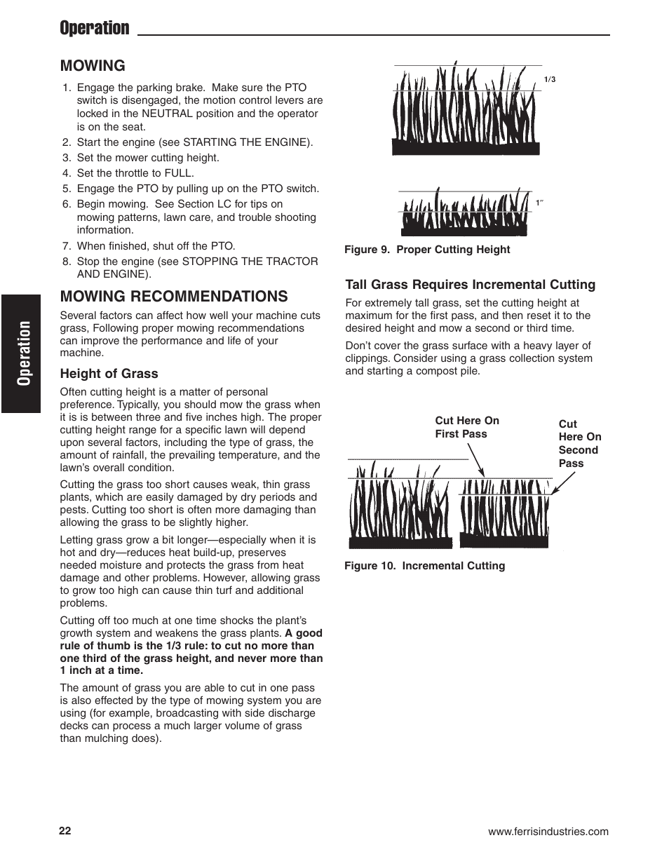 Operation, Mowing, Mowing recommendations | Ferris Industries 5900619 User Manual | Page 24 / 52