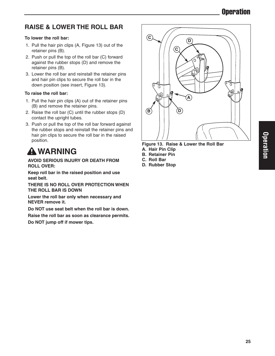 Warning, Operation, Raise & lower the roll bar | Ferris Industries 5900619 User Manual | Page 27 / 52