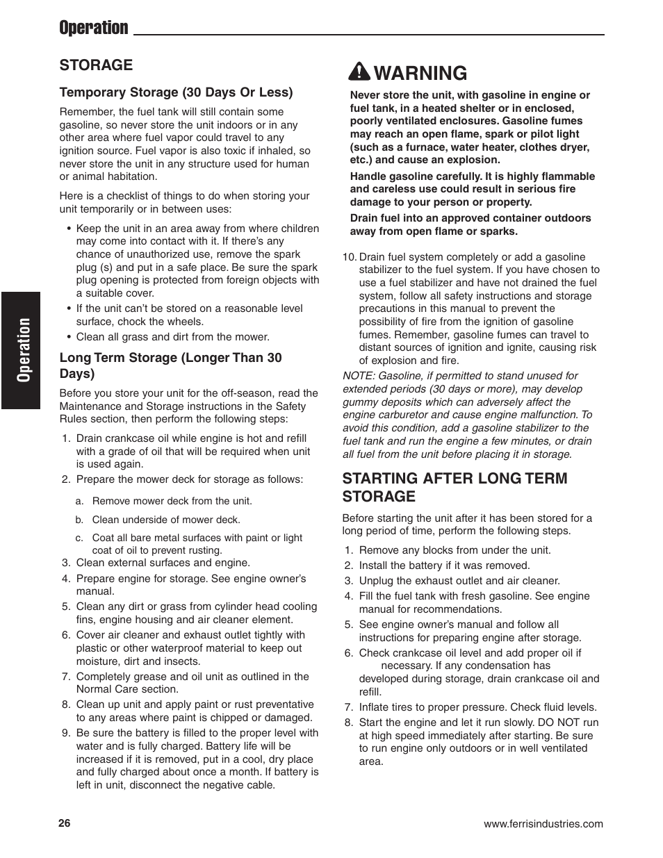 Warning, Operation, Storage | Starting after long term storage | Ferris Industries 5900619 User Manual | Page 28 / 52