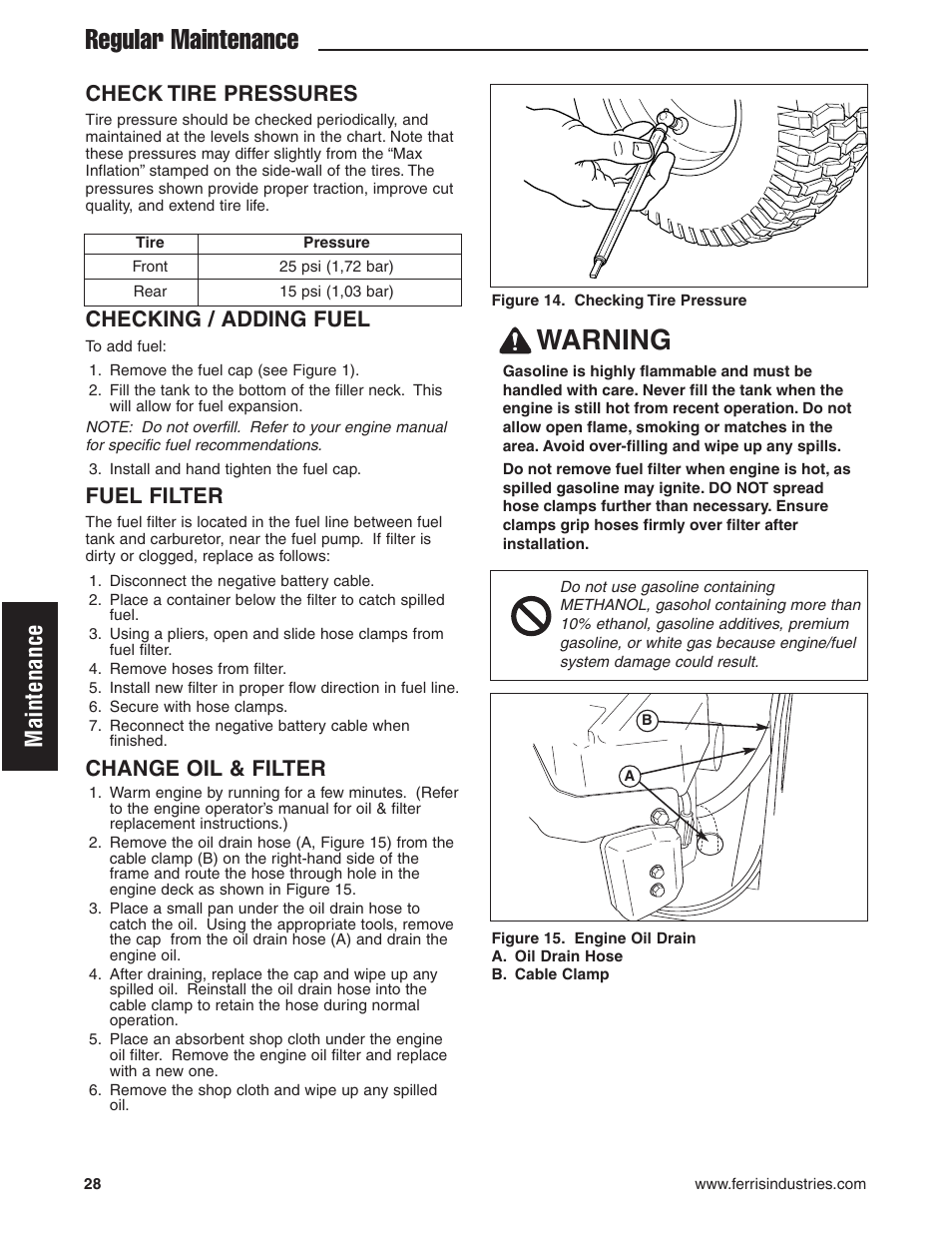 Regular maintenance, Warning, Maintenance | Check tire pressures, Checking / adding fuel, Fuel filter, Change oil & filter | Ferris Industries 5900619 User Manual | Page 30 / 52