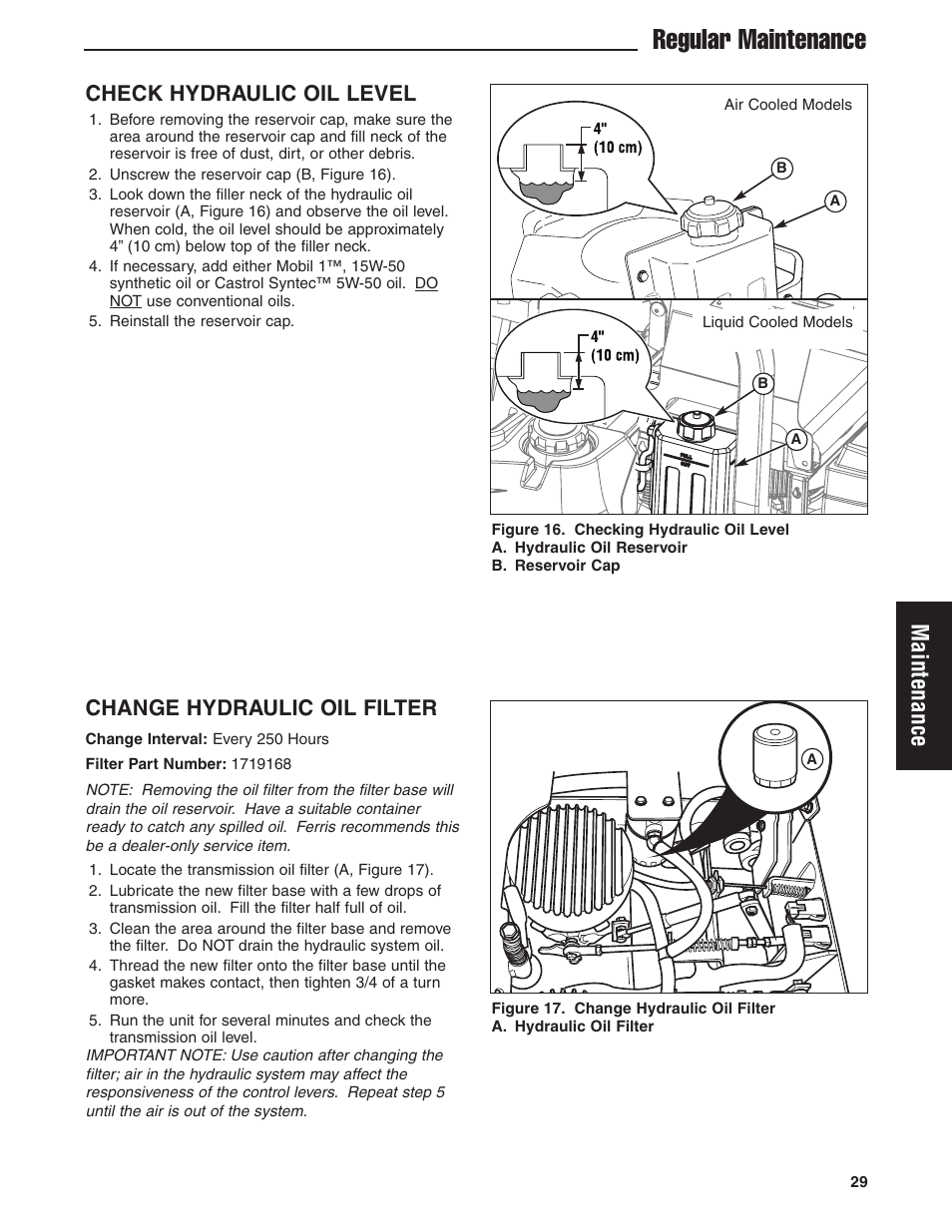 Regular maintenance, Maintenance, Change hydraulic oil filter | Check hydraulic oil level | Ferris Industries 5900619 User Manual | Page 31 / 52