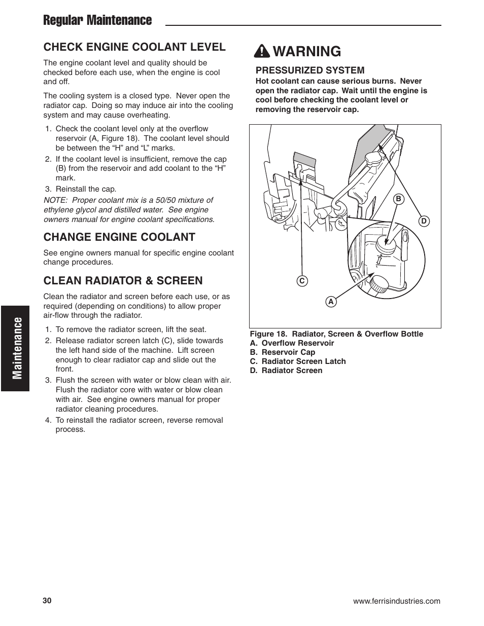 Regular maintenance warning, Maintenance, Check engine coolant level | Change engine coolant, Clean radiator & screen | Ferris Industries 5900619 User Manual | Page 32 / 52