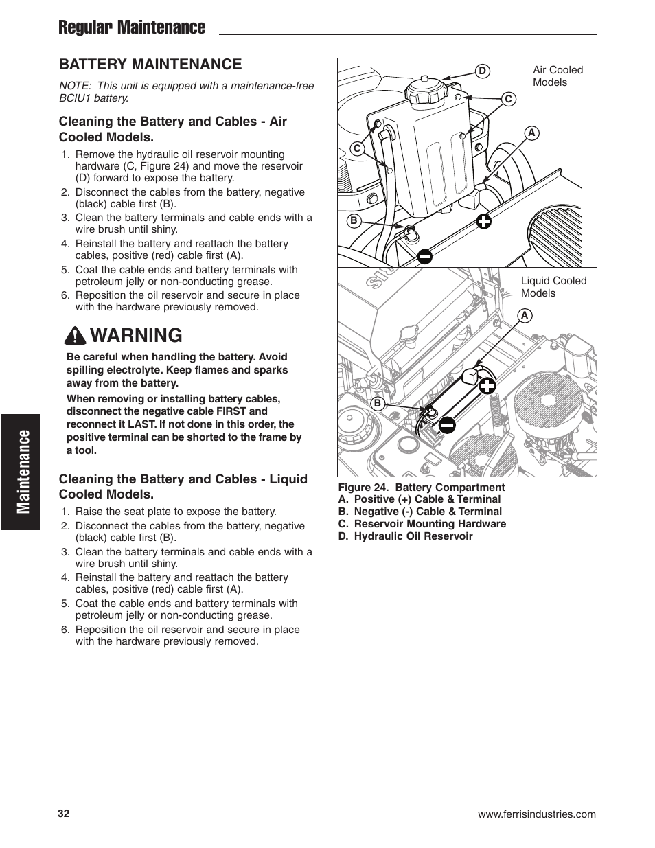 Regular maintenance, Warning, Maintenance | Battery maintenance | Ferris Industries 5900619 User Manual | Page 34 / 52