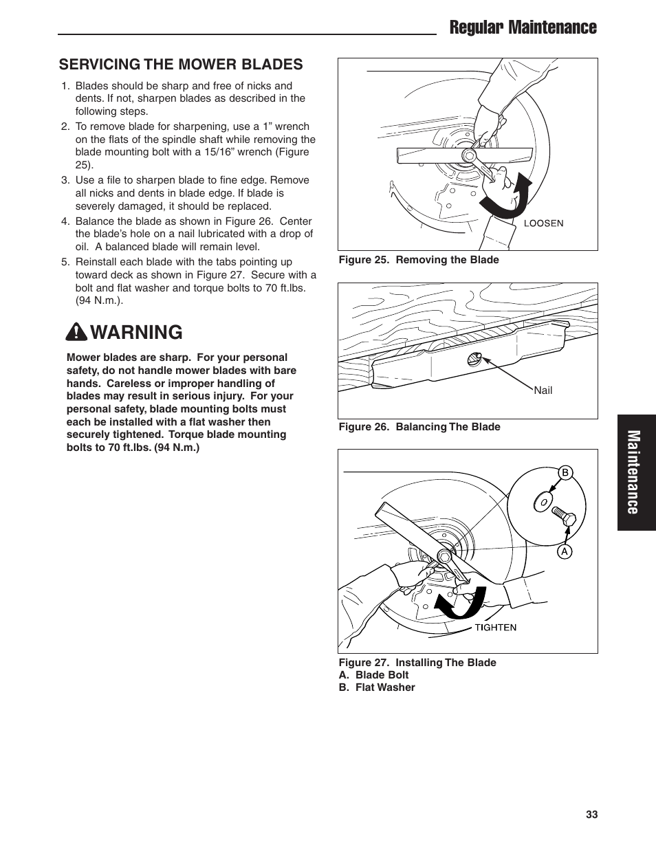 Regular maintenance, Warning, Maintenance | Servicing the mower blades | Ferris Industries 5900619 User Manual | Page 35 / 52