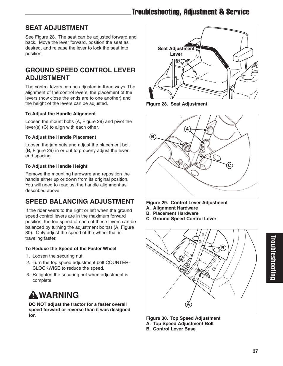 Troubleshooting, adjustment & service, Warning, Troubleshooting | Seat adjustment, Ground speed control lever adjustment, Speed balancing adjustment | Ferris Industries 5900619 User Manual | Page 39 / 52