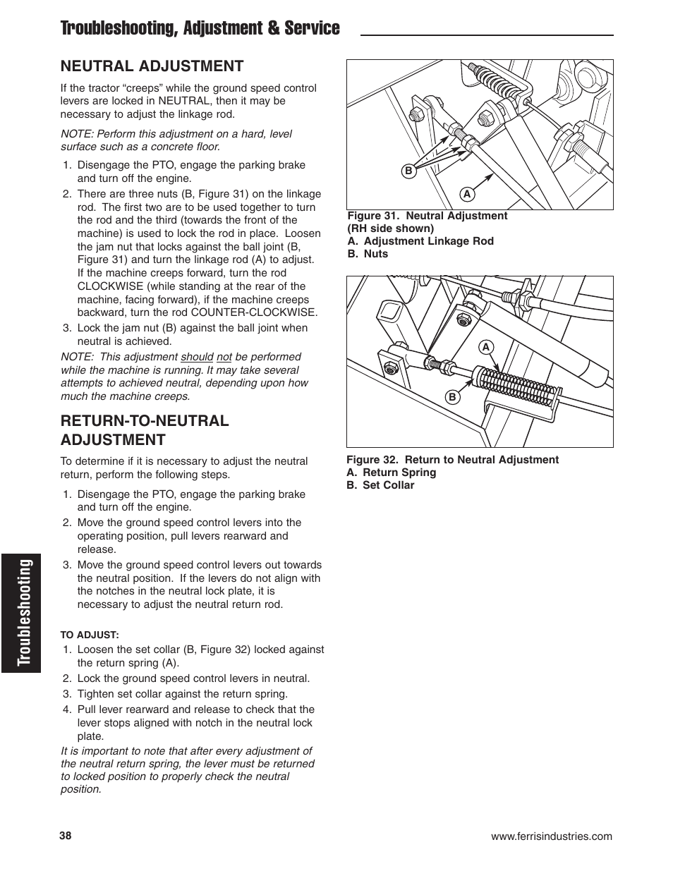 Troubleshooting, adjustment & service, Troubleshooting, Neutral adjustment | Return-to-neutral adjustment | Ferris Industries 5900619 User Manual | Page 40 / 52