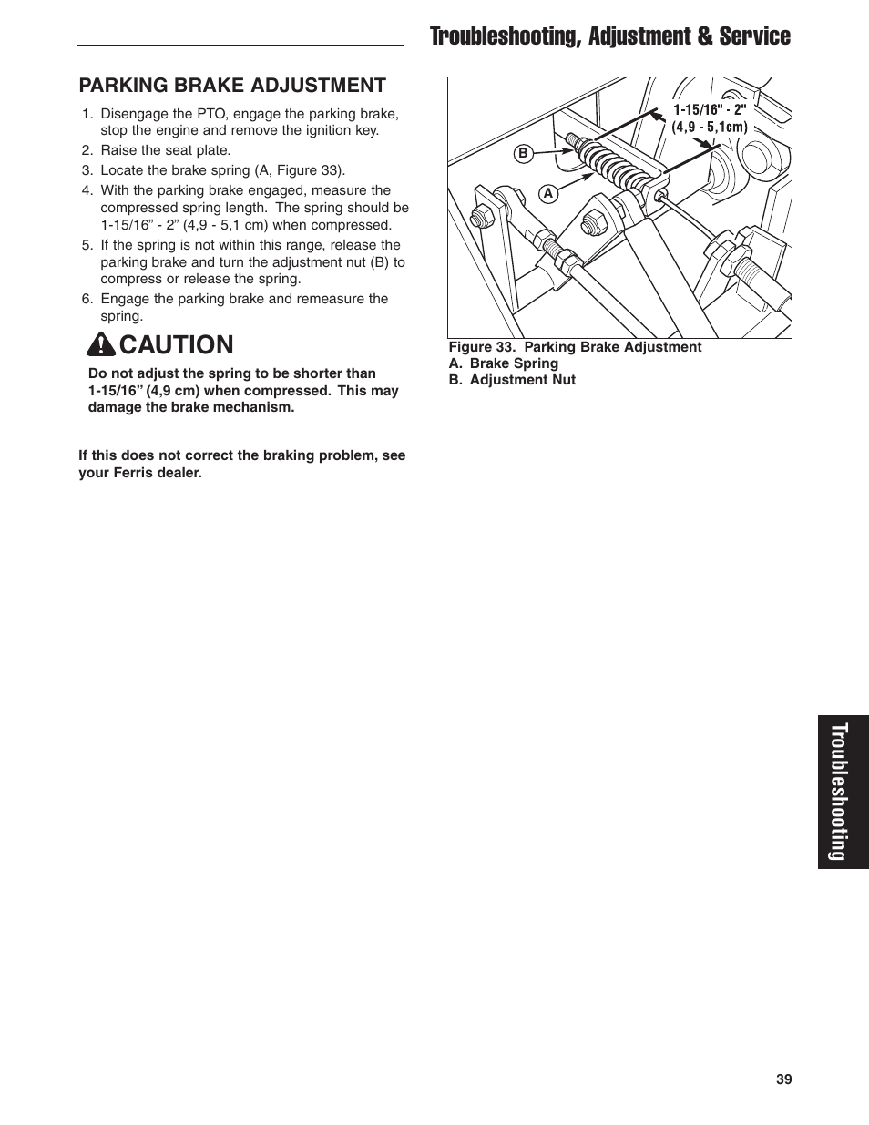 Caution, Troubleshooting, adjustment & service, Troubleshooting | Parking brake adjustment | Ferris Industries 5900619 User Manual | Page 41 / 52