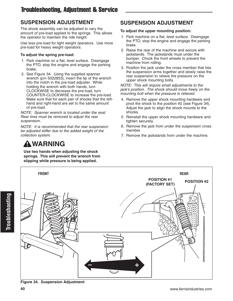 Troubleshooting, adjustment & service warning, Troubleshooting, Suspension adjustment | Ferris Industries 5900619 User Manual | Page 42 / 52