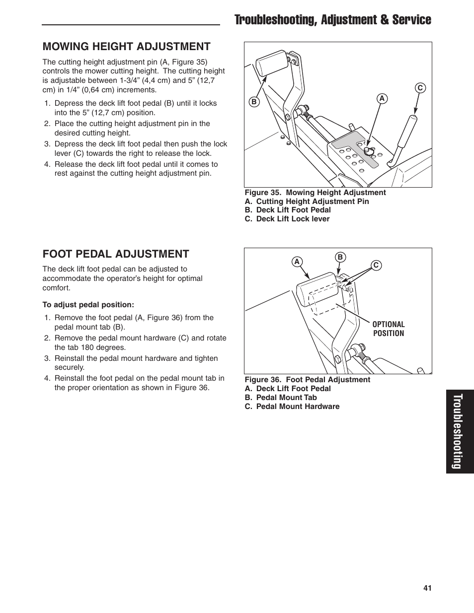 Troubleshooting, adjustment & service, Troubleshooting, Mowing height adjustment | Foot pedal adjustment | Ferris Industries 5900619 User Manual | Page 43 / 52