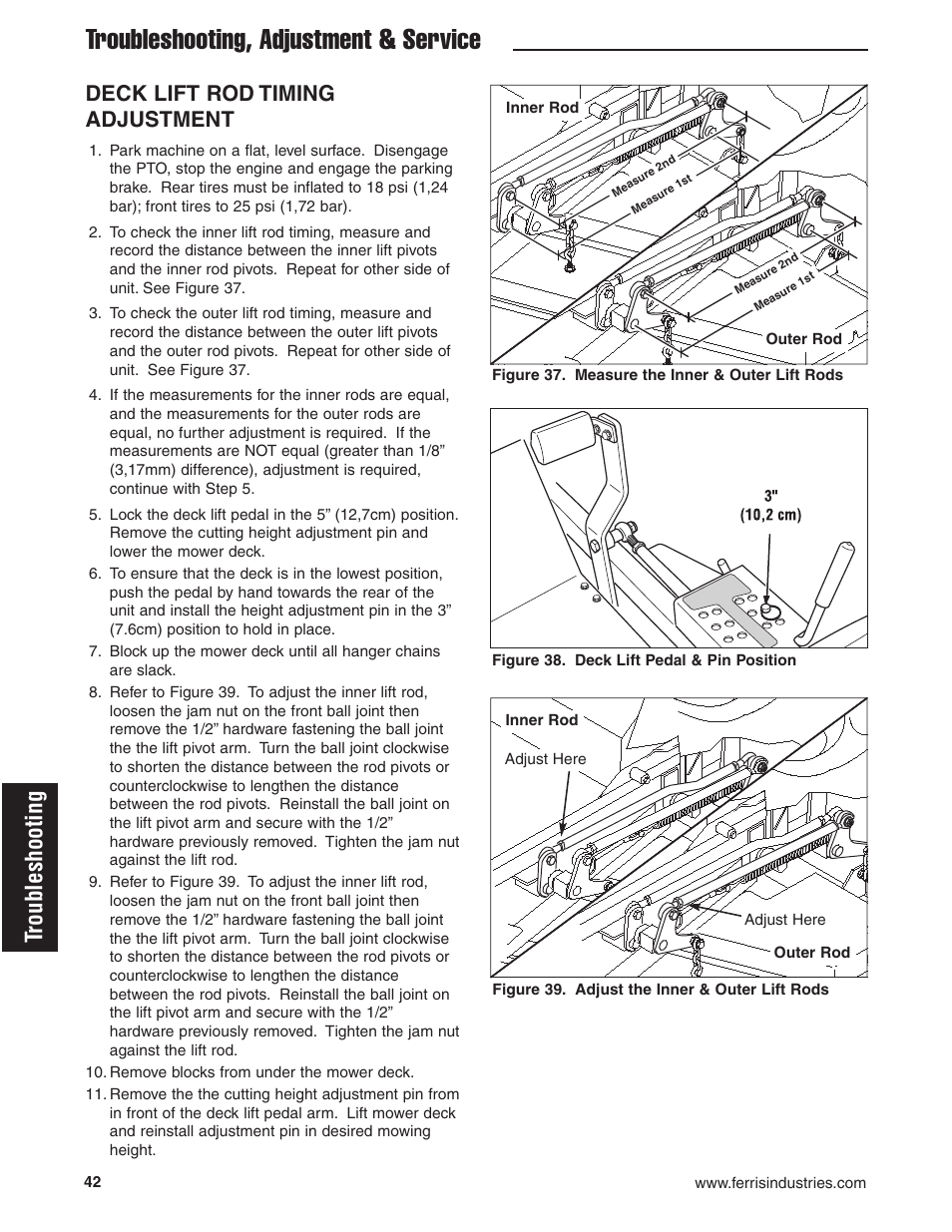 Troubleshooting, adjustment & service, Troubleshooting, Deck lift rod timing adjustment | Ferris Industries 5900619 User Manual | Page 44 / 52
