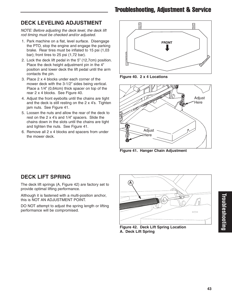 Troubleshooting, adjustment & service, Troubleshooting, Deck leveling adjustment | Deck lift spring | Ferris Industries 5900619 User Manual | Page 45 / 52